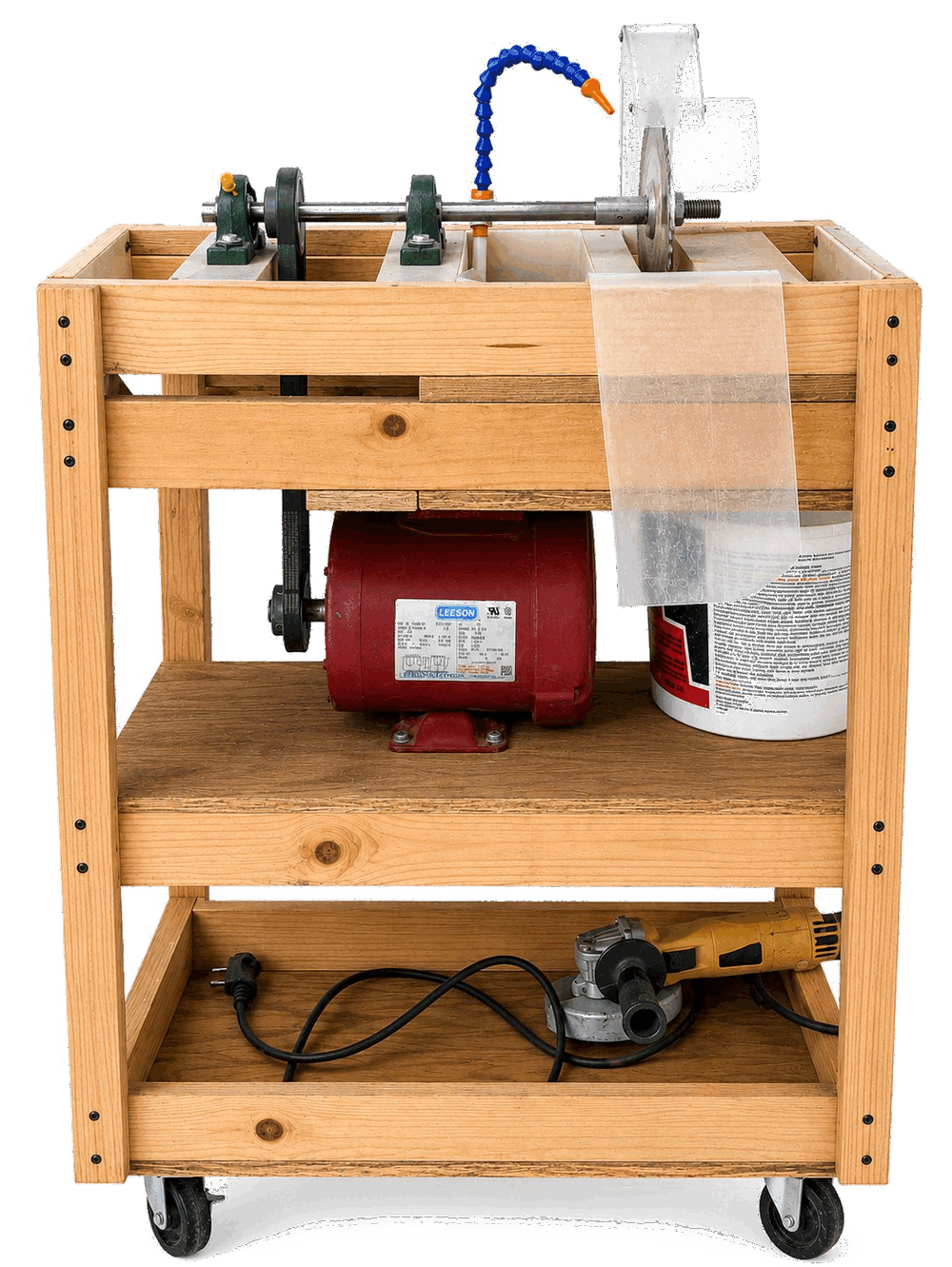 Actual built cart with the 8-inch saw arbor mounted on top, motor mid-shelf, angle grinder on the bottom
