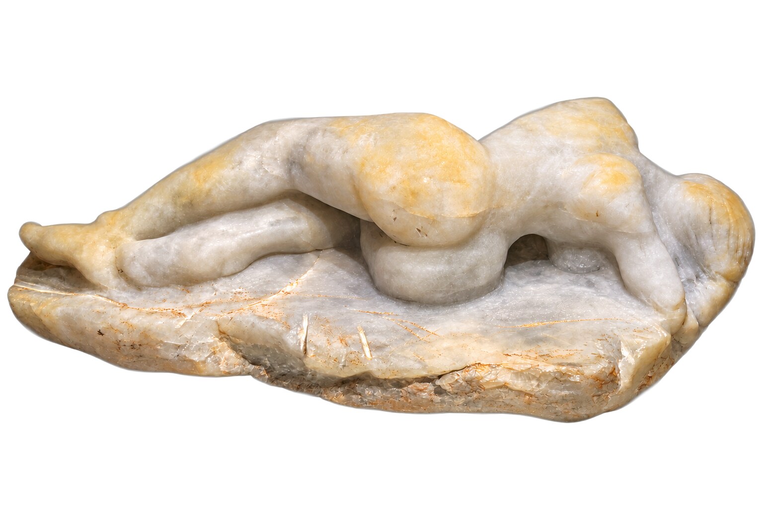 Finished stone sculpture, carved from the raw stone above